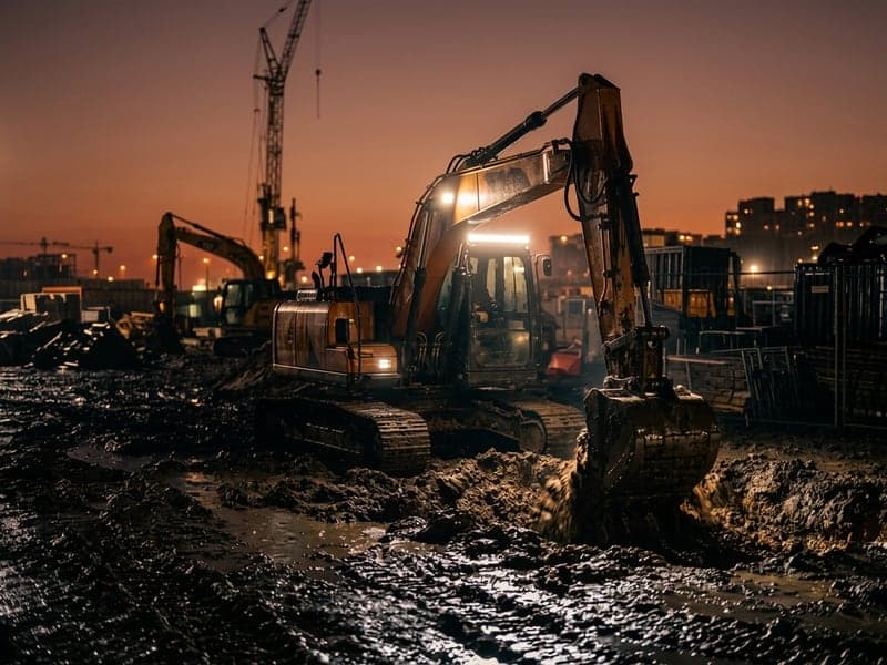 Pelleteuse de chantier équipée d'une rampe LED 24V à faisceau puissant, travaillant de nuit sous la pluie dans la boue