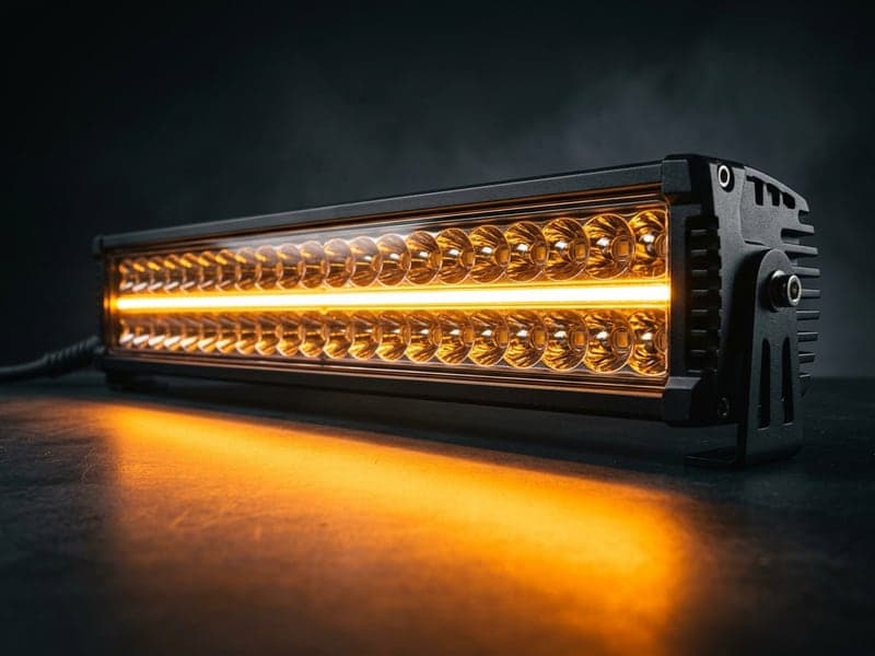 Barre LED double rangée Next‑Tech avec feux de jour DRL ambrés allumés, rampe lumineuse auto 4x4 sur fond sombre