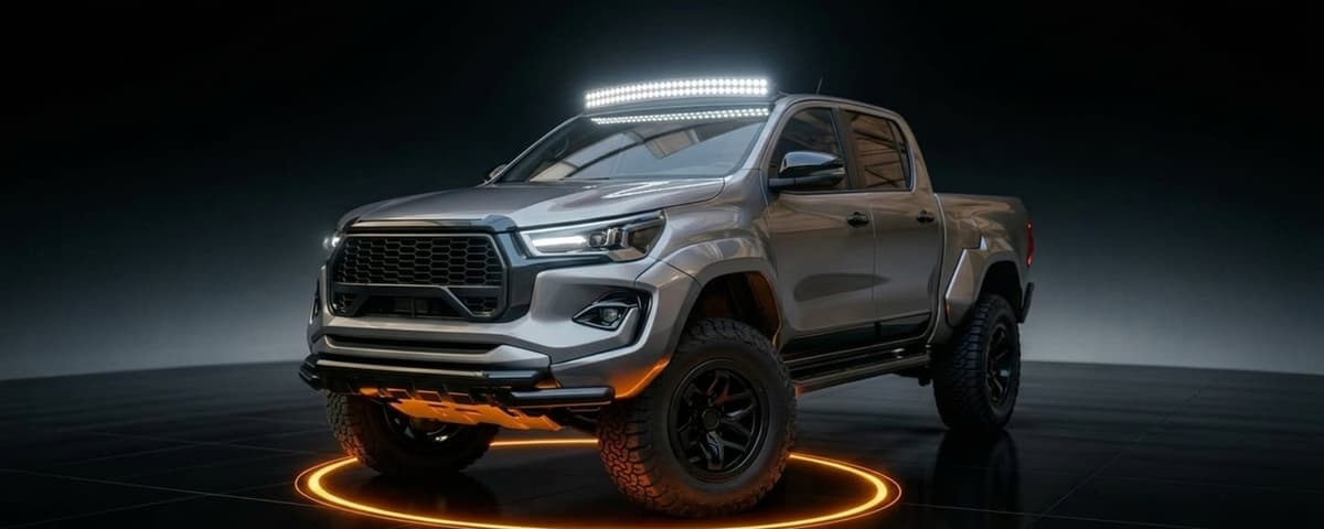 Rampe LED incurvée sur pick-up 4x4 éclairant un sentier rocheux de montagne la nuit, faisceau longue portée puissant