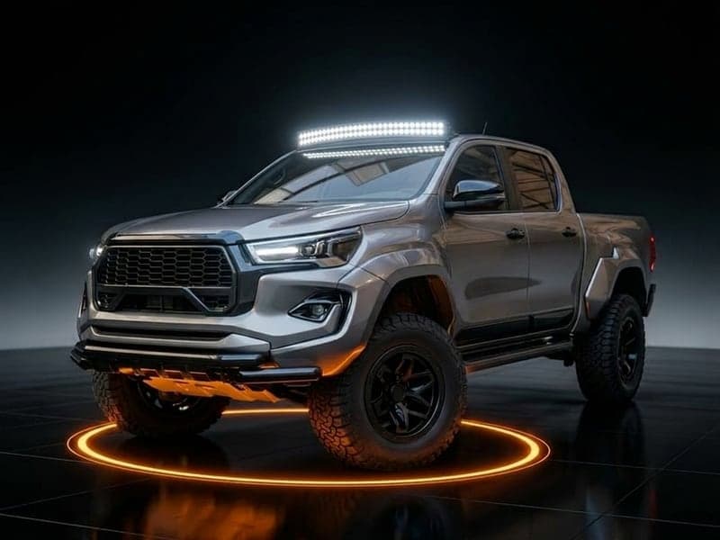 Rampe LED incurvée sur pick-up 4x4 éclairant un sentier rocheux de montagne la nuit, faisceau longue portée puissant