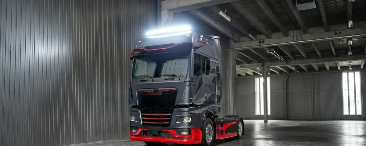 Barre LED 24V incurvée allumée sur cabine de camion Volvo bleu circulant de nuit sur autoroute sinueuse