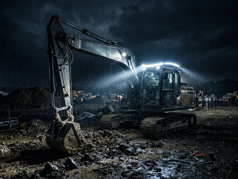 Rampe LED incurvée allumée sur pelleteuse de chantier BTP en pleine nuit sous la pluie, faisceau puissant éclairant le terrain boueux