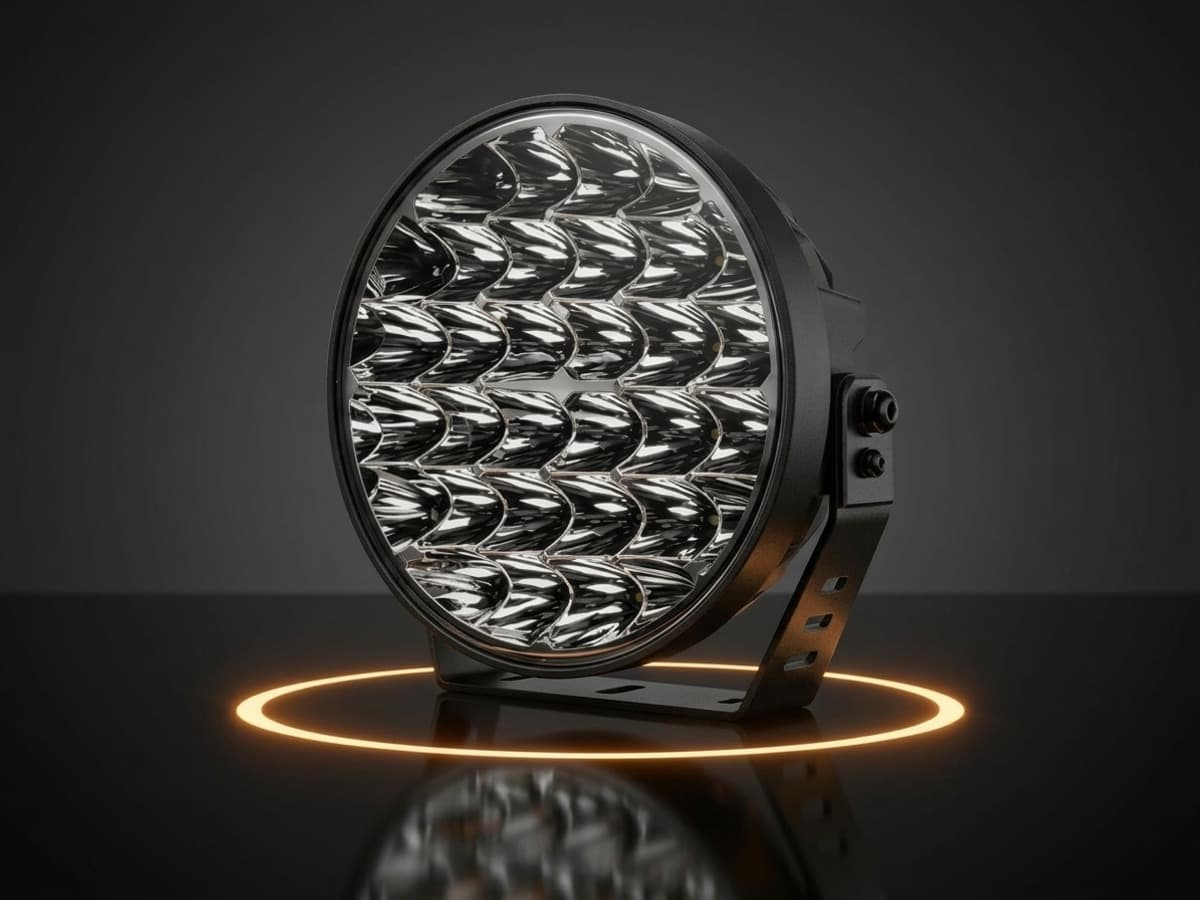 Phare LED rond longue portée allumé sur 4x4 Toyota Land Cruiser en rallye tout-terrain au crépuscule