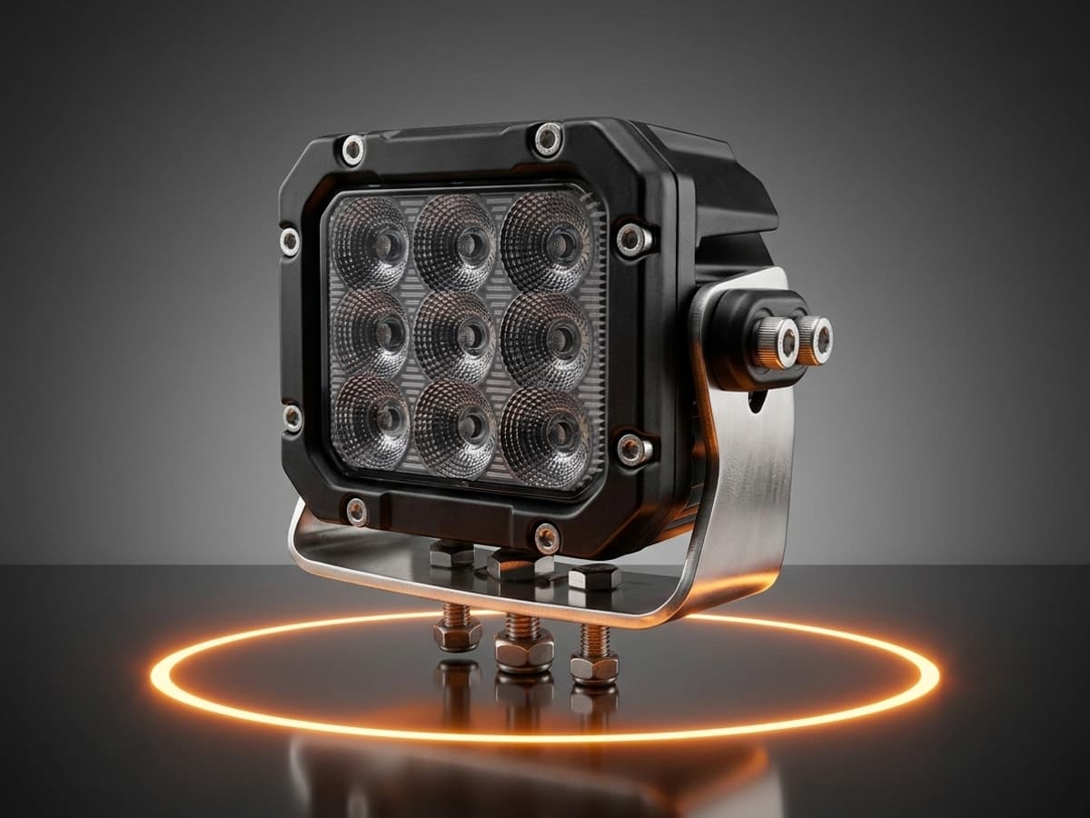 Phares LED carrés additionnels allumés sur 4x4 tout-terrain en forêt boueuse, faisceau longue portée puissant