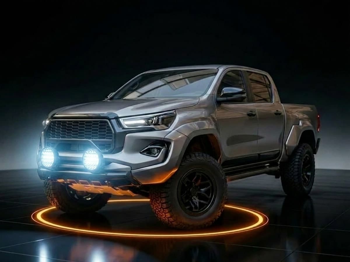 Rampe LED longue portée allumée sur pick-up 4x4 noir en franchissement rocheux nocturne tout-terrain