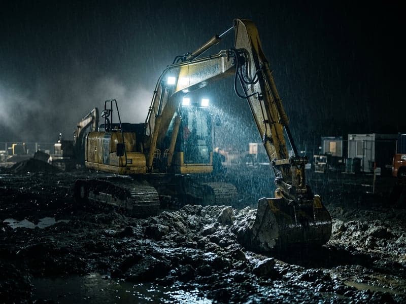 Pelle mécanique de chantier équipée de projecteurs LED de travail allumés sous la pluie nocturne, éclairage puissant longue portée