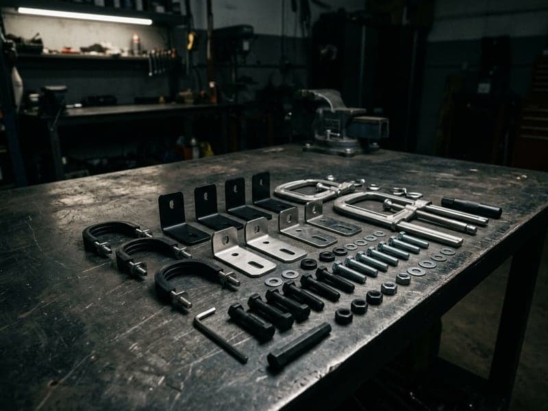 Supports de fixation inox et équerres pour barre LED et phares additionnels sur établi atelier auto