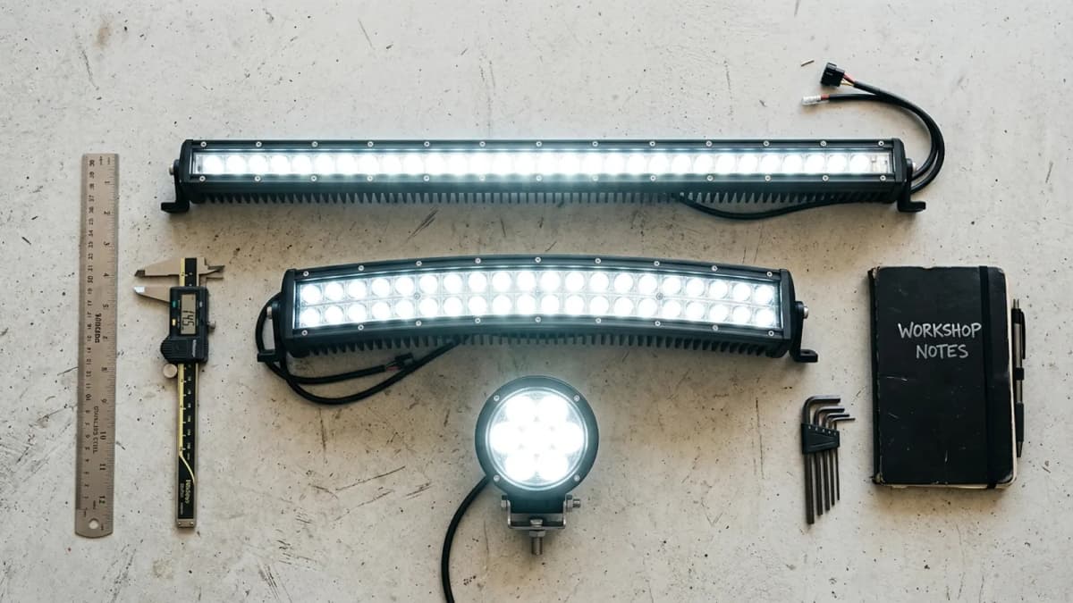 Comparatif barres LED allumées droite et incurvée avec phare rond, pied à coulisse et carnet d'atelier