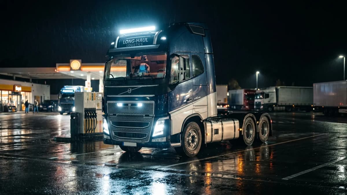 Camion poids lourd Volvo FH 24V à la station-service de nuit sous la pluie, barre LED toit allumée