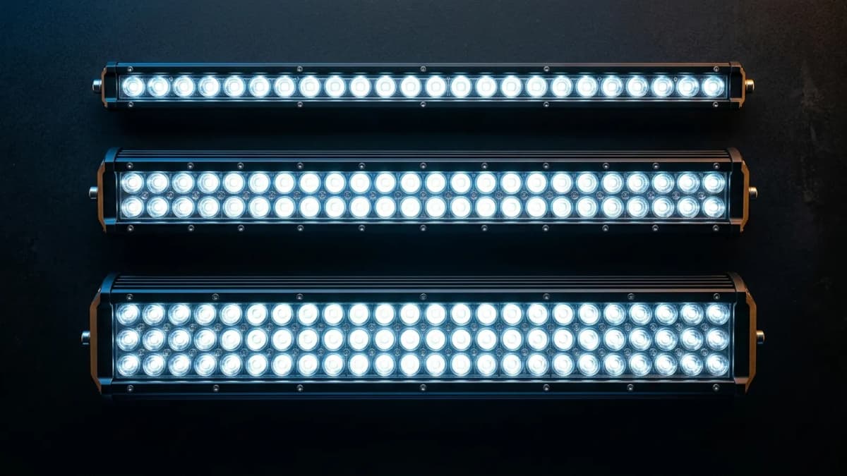 Comparatif rampes LED allumées simple, double et triple rangée sur fond noir, faisceau blanc puissant