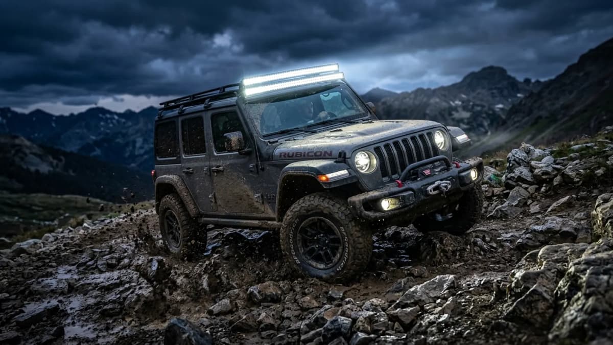 Jeep Wrangler Rubicon en franchissement rocheux nocturne avec barre LED incurvée allumée sur galerie de toit