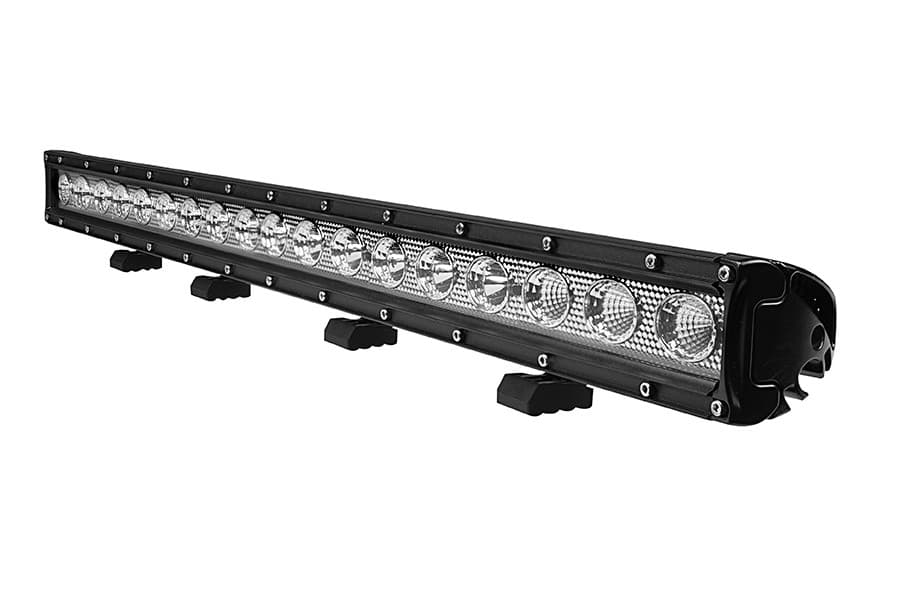 Barre LED DAKAR 90W 750mm en perspective, fixations rail coulissantes visibles sous le boîtier