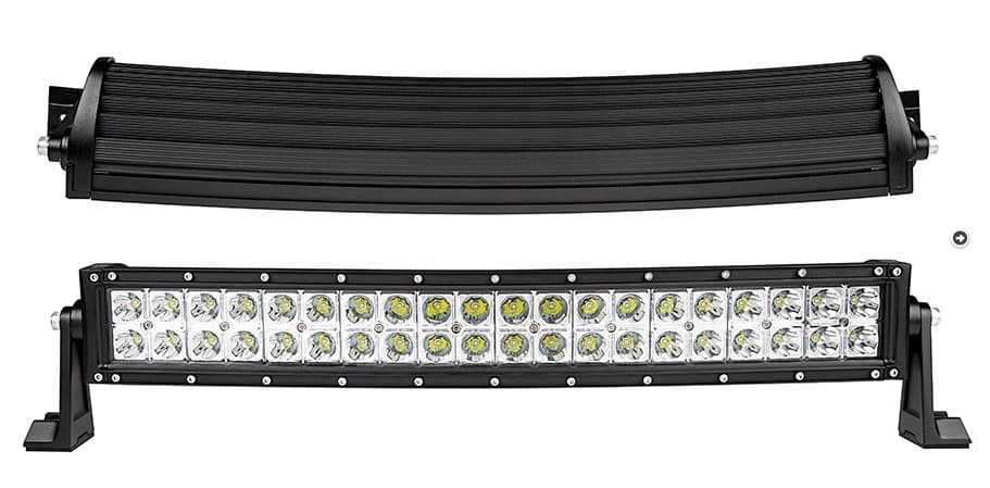 Barre LED incurvée 120W 550mm présentée de profil et de face, double rangée 40 LED faisceau combo