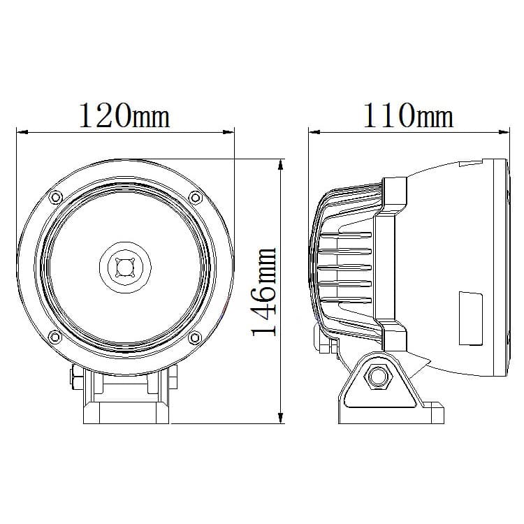 Schéma technique coté du phare LED rond 120mm x 146mm avec profondeur 110mm