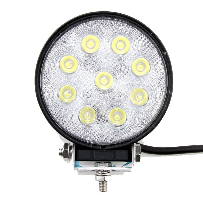 Phare LED rond 27W éteint vue frontale avec optique claire et support de fixation orientable