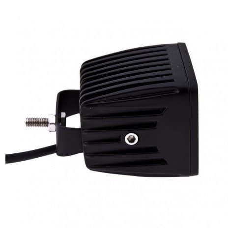 Vue latérale phare LED moto carré 82mm, ailettes de refroidissement alu et support de montage à vis