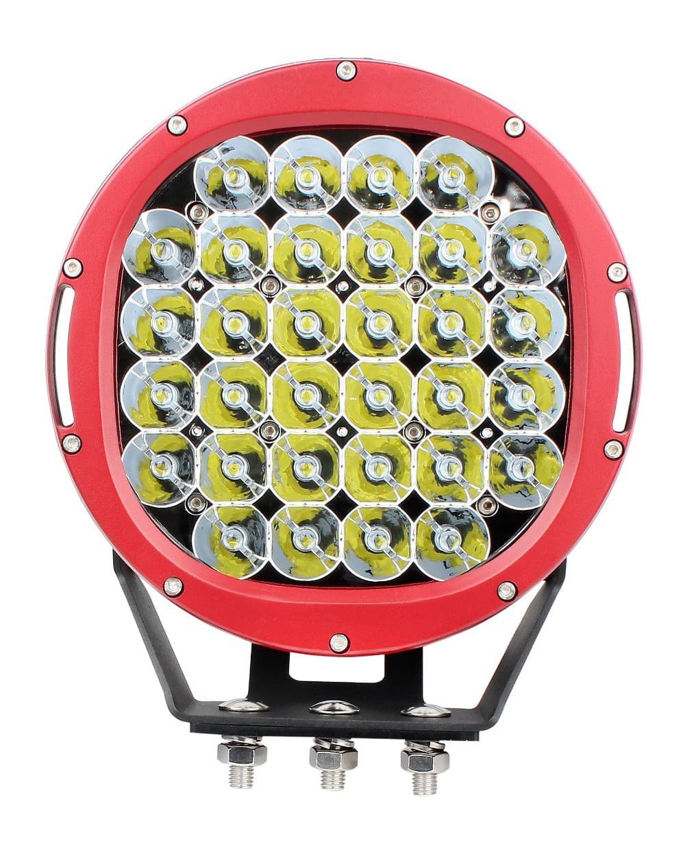 Phare LED rond 96W 32 leds CREE vue de face cerclage rouge boulons de fixation visibles