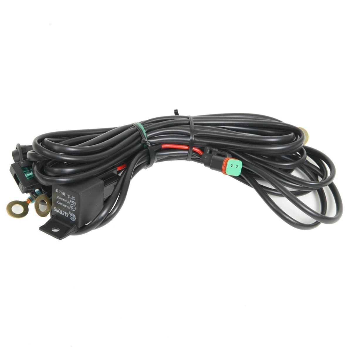Faisceau relais Saetong 30A/40A 14VDC avec connecteur Deutsch DT étanche vert pour barre LED, cosses rondes et fusible intégré