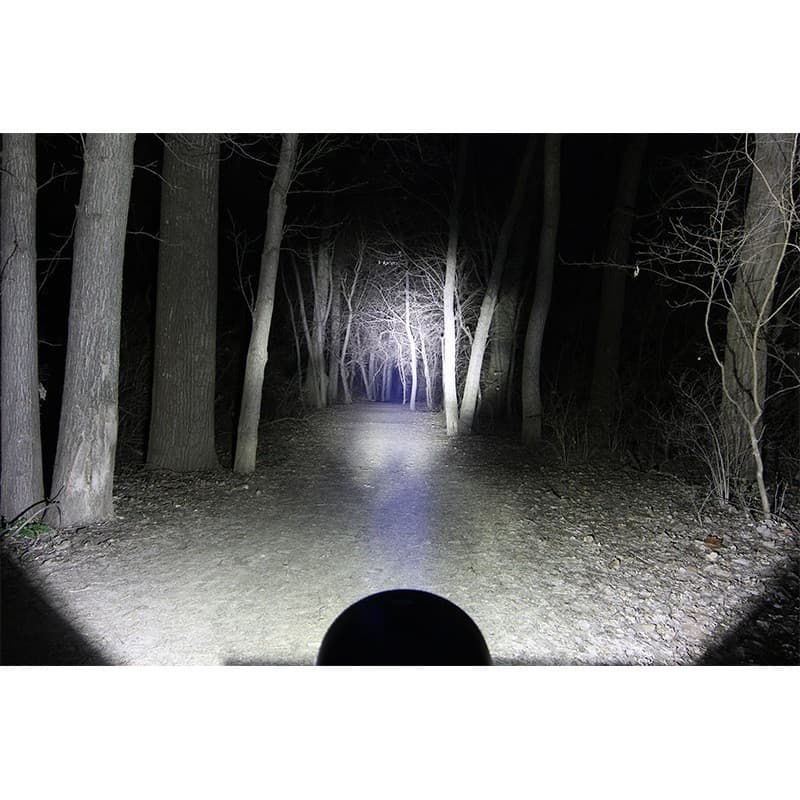Faisceau lumineux du phare LED CREE 30W éclairant un sentier forestier la nuit, longue portée démontrée