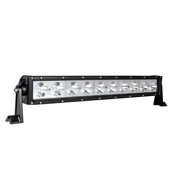 Rampe LED incurvée 100W 550mm vue de face, dix lentilles longue portée alignées sur boîtier noir