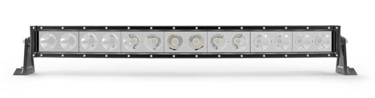 Rampe LED incurvée 140W 800mm vue de face, 14 LED CREE alignées et supports de fixation
