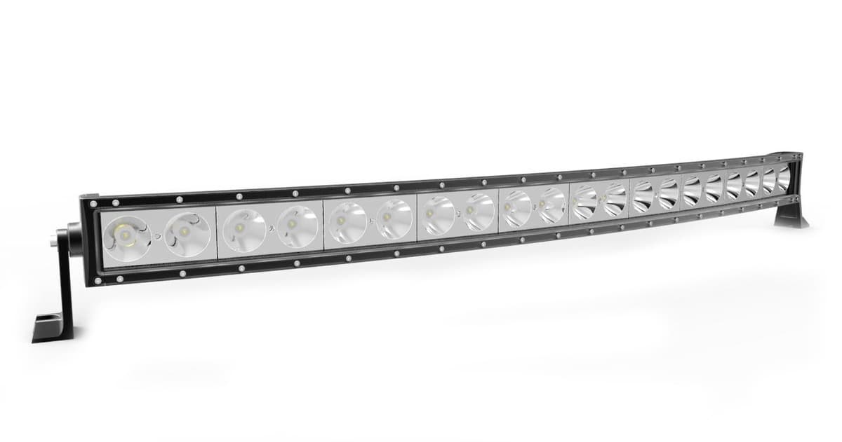 Rampe LED incurvée GALAXY 1050mm en perspective montrant réflecteurs et support de fixation