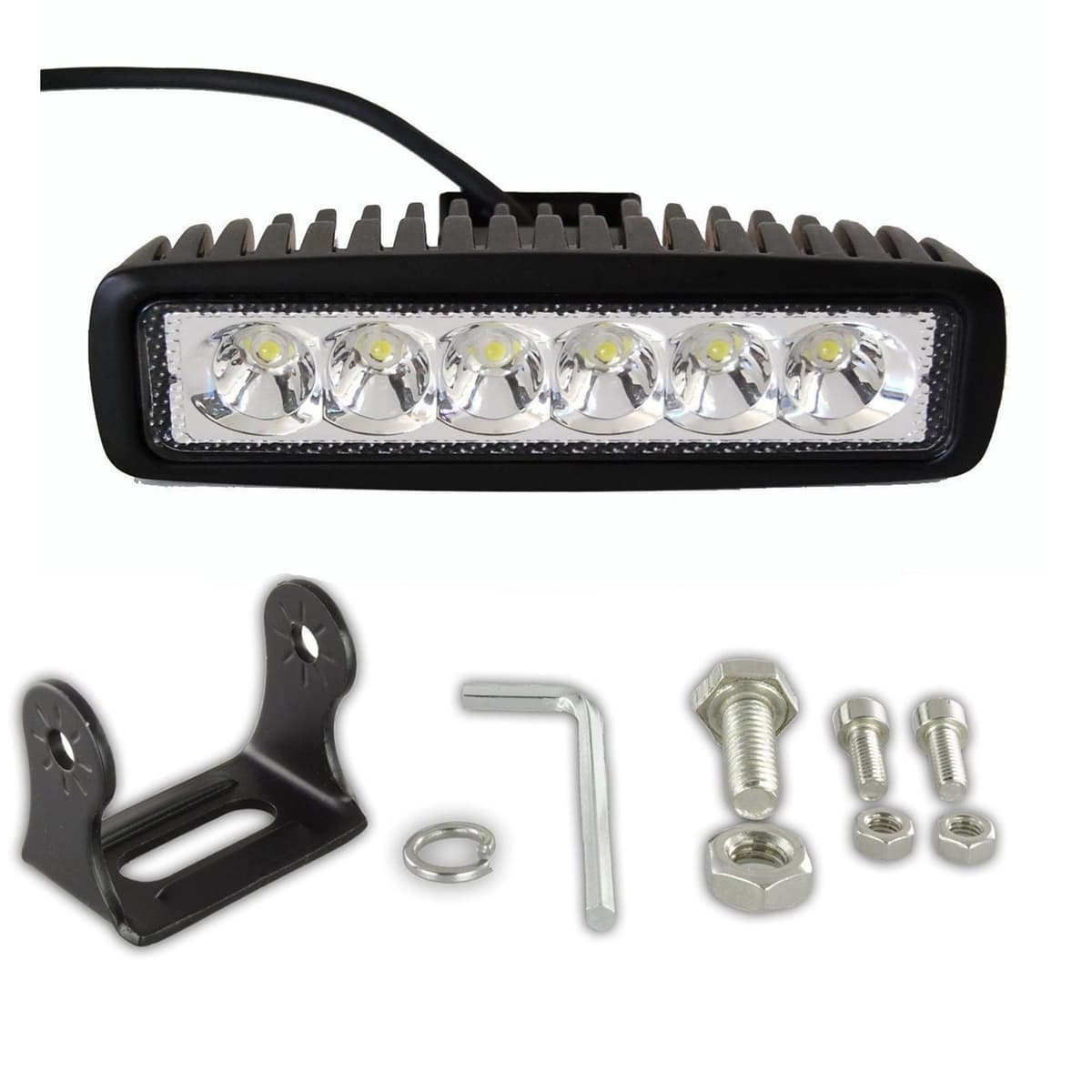 Kit phare LED 160mm 6 leds Epistar avec bracket noir, boulons et clé hexagonale présentés sur fond blanc