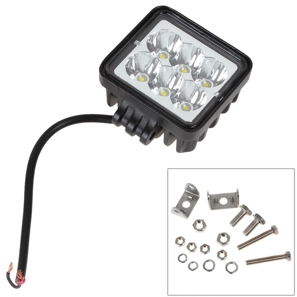Phare LED 18W carré 75mm avec câble d'alimentation et kit de fixation rail, vis et écrous inox