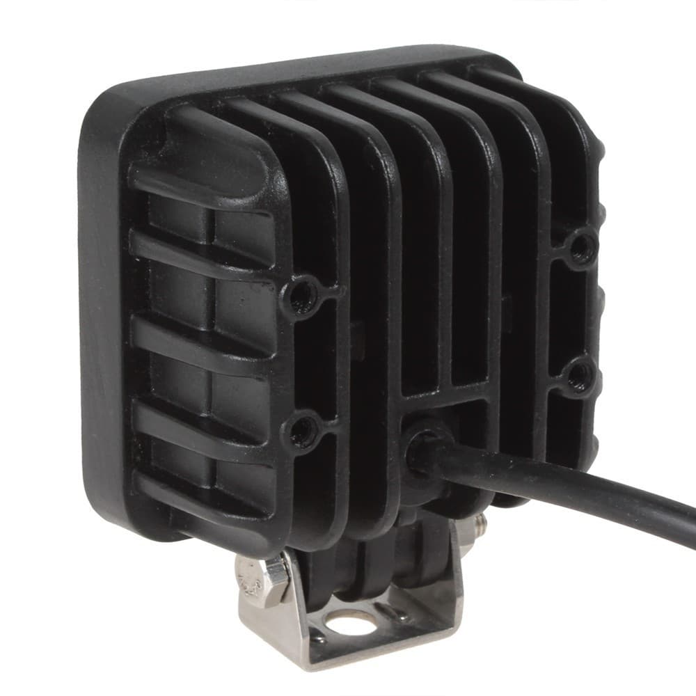 Vue arrière du phare LED 18W universel, dissipateur alu nervuré et étrier de fixation inox