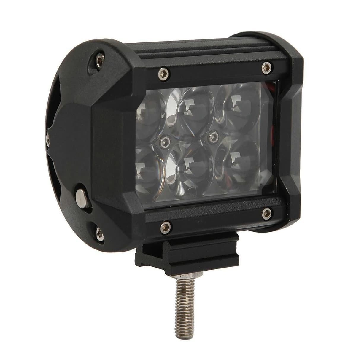 Feu LED CREE 18W spot 4D vue trois quarts montrant lentilles et support de fixation universel
