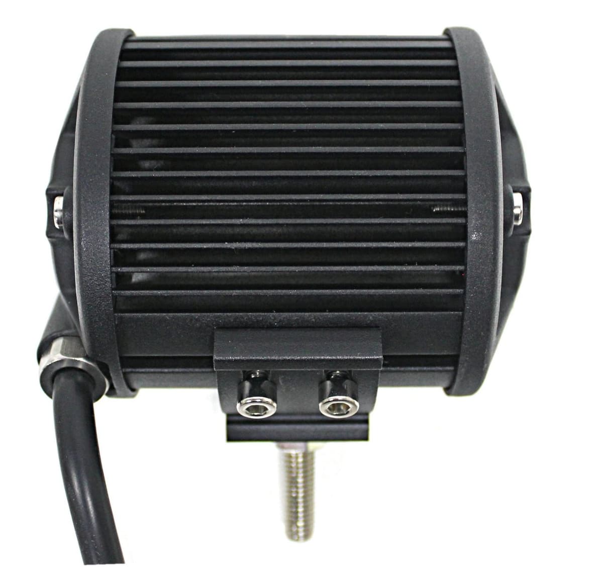 Vue arrière du phare LED carré 100mm avec radiateur nervuré et étrier de montage à boulon