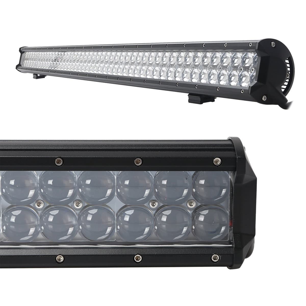 Double vue de la rampe LED CREE 288W avec zoom sur les optiques 4D bombées haute performance