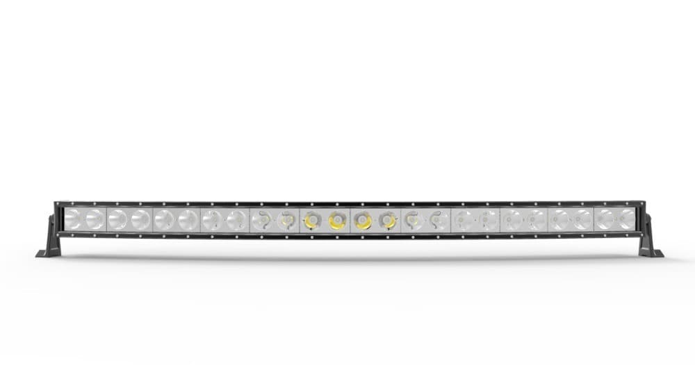 Rampe LED 4x4 1280mm 24 leds longue portée vue de face allumée, leds centrales éclairées en jaune