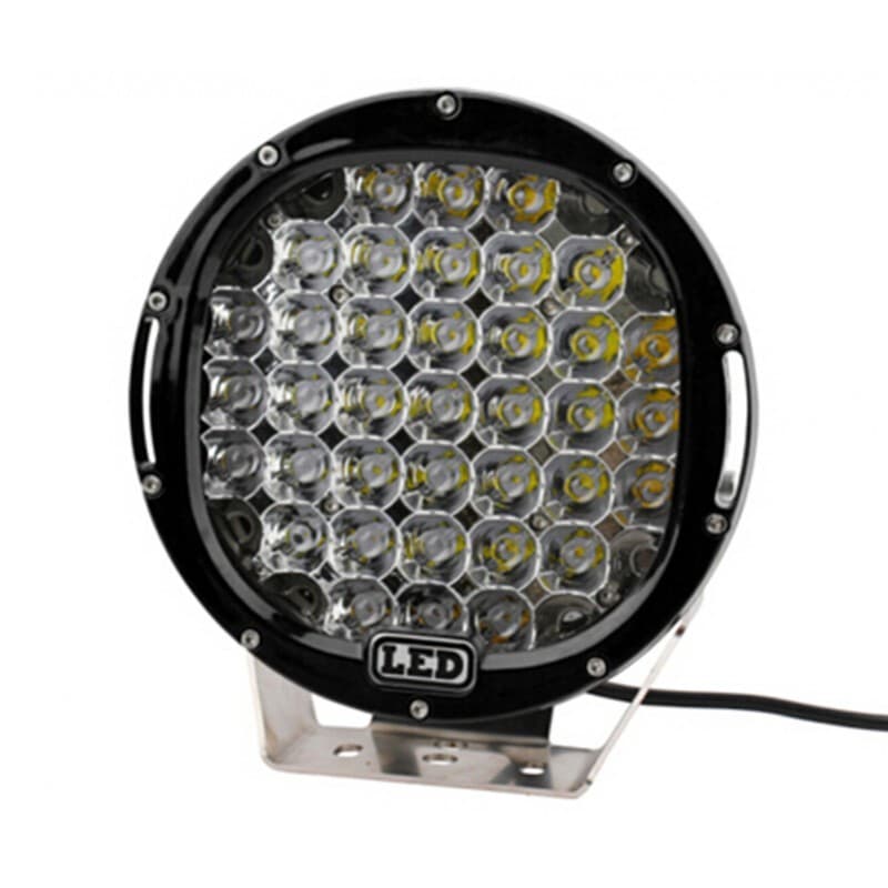 Phare longue portée 37 LEDs 185W façade détaillée logo LED support inox