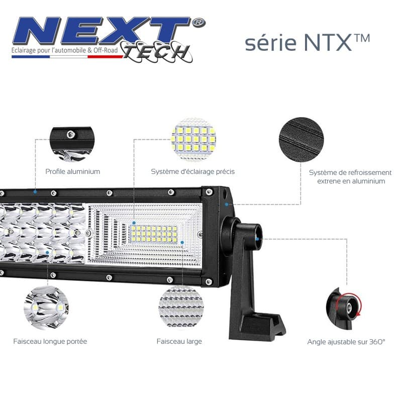 Détails techniques barre LED 12V 720W : profilé aluminium, support ajustable 360° et système d'éclairage précis