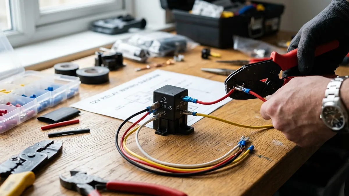 Schéma de câblage d'une barre LED avec relais, fusible et interrupteur sur véhicule 12V