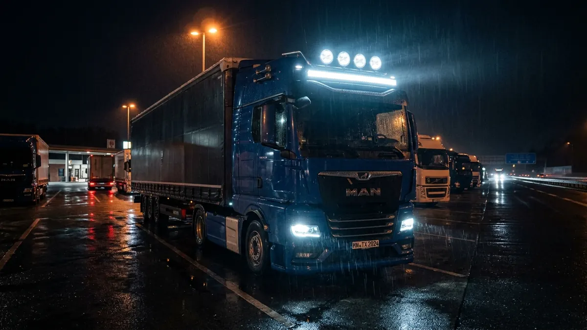 Phare LED 24V multi-tension monté sur le pare-buffle d'un camion Scania longue distance