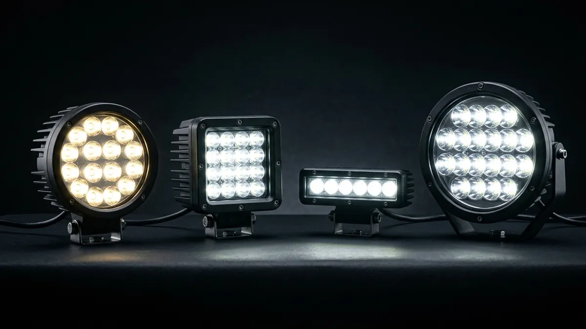 Comparaison entre un phare de travail LED rond et un phare carré montés sur un tracteur agricole